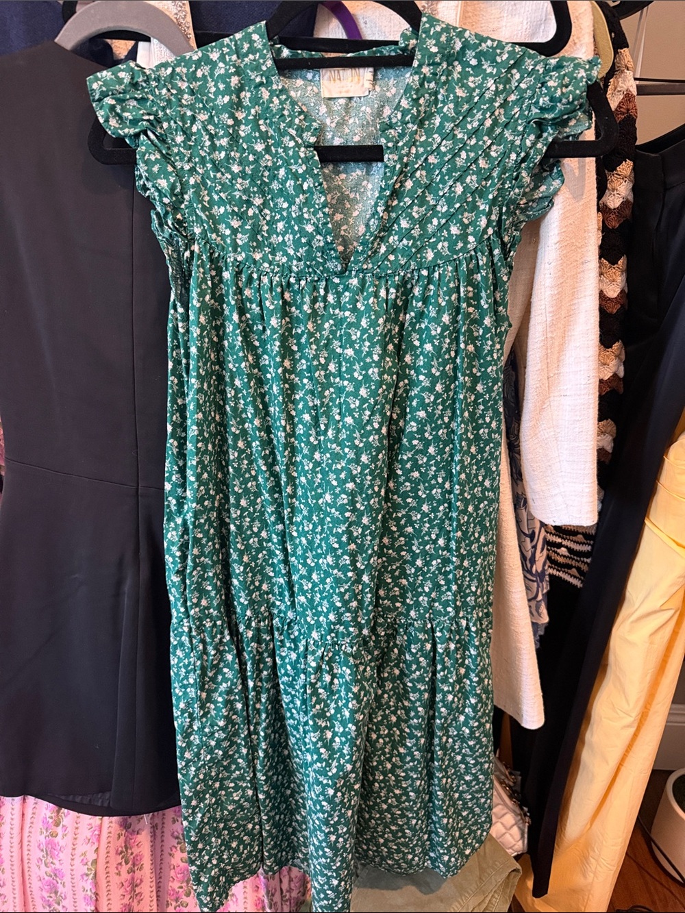 Nation LTD Emerald Green Floral Midi Dress with V-Neck